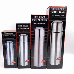Stainless steel vacuum flask set, double wall insulated thermal water bottle in various sizes.
