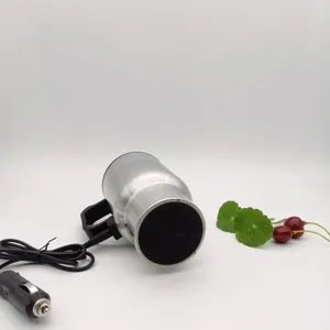 12V stainless steel car heating mug detail view, featuring convenient cigarette lighter plug.