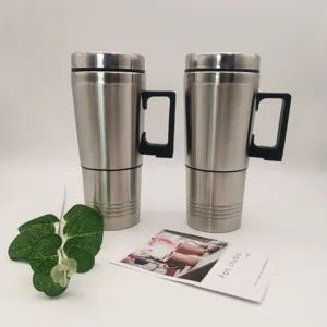 Stainless steel car heating travel mug detail view, showing brushed metal finish and handle.