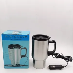 12V stainless steel car heated travel mug with cigarette lighter plug for hot drinks on the go.