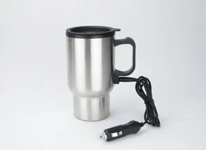 Stainless steel 12V car heating travel mug with black handle lid and vehicle power adapter cord.