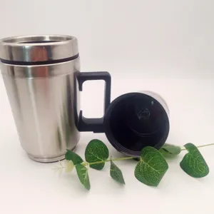 Stainless steel car heating cup detail view, featuring black handle and lid with green leaf prop.