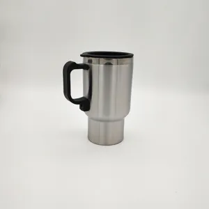 Stainless steel travel car mug detail shot, showing durable double-wall construction and handle.