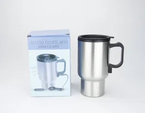 Stainless Steel 12V Heated Car Travel Mug Product Details with Black Handle and Box