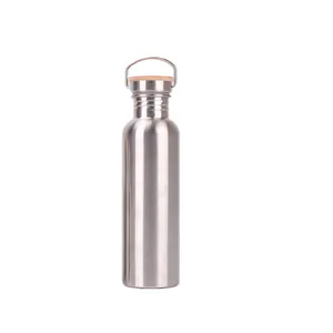 Stainless steel sports water bottle with bamboo lid and handle for outdoor hiking and camping.