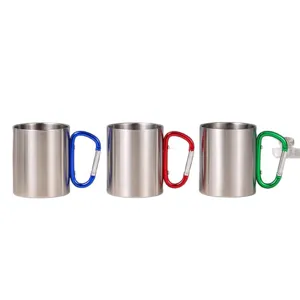 Tasse de camping en acier inoxydable avec poignée mousqueton, tasse de café portable de 300ml.