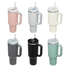 40oz stainless steel insulated tumbler with handle and straw for travel and car cup holder.