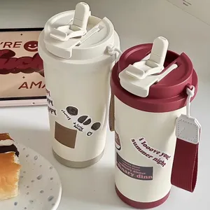 316 Stainless Steel Vacuum Flask Large Capacity Insulated Water Bottle With Straw Portable Strap Cute Cartoon Travel Tumbler