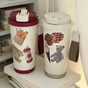 Large capacity stainless steel insulated tumbler with cute sticker design, portable strap and straw.