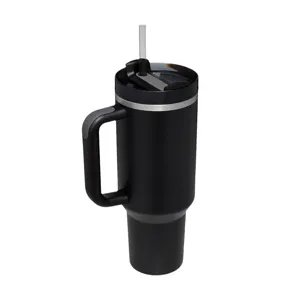 Black 40oz stainless steel tumbler detail showing ergonomic handle, secure lid and straw.