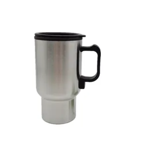 Stainless steel 12V car heating mug with black handle and lid for travel and driving use.