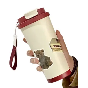 316 stainless steel vacuum insulated tumbler with straw and cute bear sticker for students