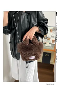 Chic brown fluffy plush handbag for women, stylish versatile fuzzy crossbody chain bag.