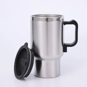Stainless steel 12V car heating mug travel tumbler with secure lid and ergonomic handle.