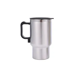 Stainless steel car travel mug with handle and lid, double wall insulated 12V plug-in cup.