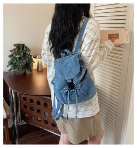 Sac à dos en jean décontracté pour femme, grande capacité, cartable élégant pour étudiant chic.
