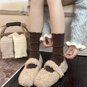 Dicke japanische Vintage Hohlwolle Wadenstrümpfe Damen, warme Wintersocken Stiefelsocken.