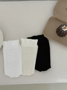 Thin ruffle mid-calf socks for women, breathable summer cute frilly socks in white black beige.