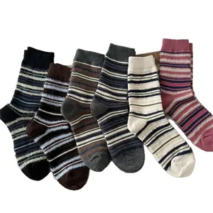 Retro mocha color block striped fuzzy mid-calf socks for women, cozy winter warm crew socks.