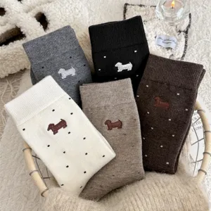 Cashmere wool socks women winter cute dachshund embroidery polka dot thick warm mid tube hosiery