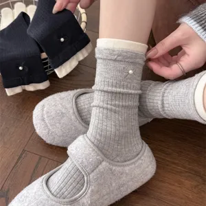 Korean style contrast color mid-calf socks with cute pearl bow, soft winter wear.