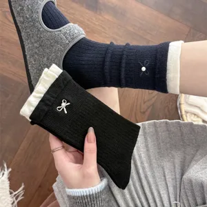 Autumn winter cashmere socks Korean style contrast bow pearl mid tube cute slouchy socks