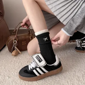 Korean style cashmere women socks with pearl bow, black mid tube slouch socks for autumn winter.