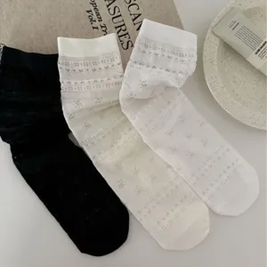 Ultra-thin sheer lace ruffle crew socks for women, breathable spring summer cute casual hosiery.