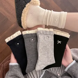 Womens cute cashmere socks with pearl bow, sweet winter korean style ruffle mid tube socks for girls.