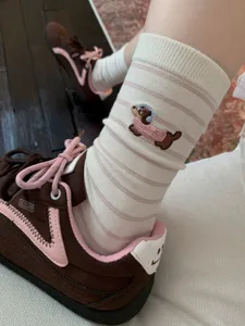 Cute embroidered dachshund striped mid-calf socks for women, soft cotton casual daily wear.