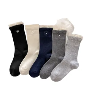 Women autumn winter cashmere socks cute bow pearl ruffle mid tube casual set 5 pairs