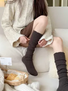 Autumn winter vintage dark brown knitted slouch long socks detail, cozy textured cotton hosiery.