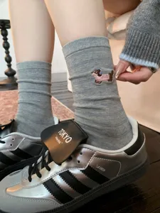 Korean style cotton mid-tube socks featuring cute dachshund embroidery and fine grey stripes.