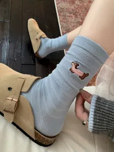 Cute embroidered dachshund cotton mid-tube socks, light blue striped casual for women.