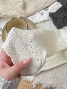 White hollow-out knit long socks, vintage warm winter stacking socks detail view