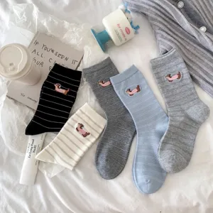 Korean style cute dachshund embroidered mid-calf cotton socks with stylish fine stripes for women