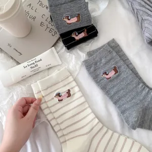 Cute dachshund embroidered striped cotton mid-tube socks for women, comfortable daily wear.