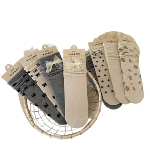Women balletcore ruffled mid-calf socks with cute bows and floral patterns for daily wear.