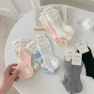 Women Spring Summer Thin Solid Color Sweet Lettuce Trim Mesh Crew Socks Breathable Cotton Casual Short Socks