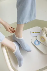 Detail view of summer thin cotton color-block invisible boat socks in light blue and white.