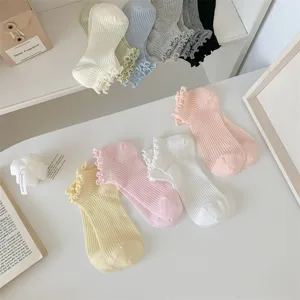 Women cute solid color ruffle edge short socks breathable mesh ankle boat socks 5prs