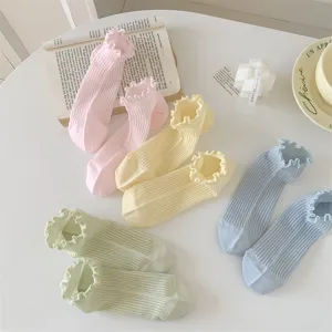 Women cute pastel ruffle short socks breathable solid color casual ankle socks for summer