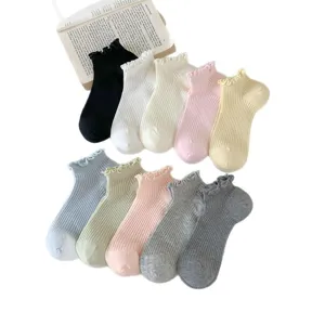 Women solid color ruffled ankle socks, cute breathable thin mesh short casual socks set.