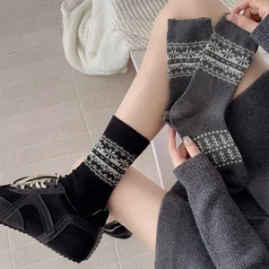 Cozy Fair Isle mid-calf socks for women, retro vintage winter knit cotton thermal socks.