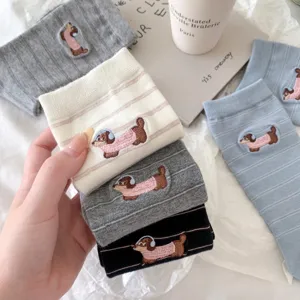 Cute embroidered dachshund striped cotton mid-tube socks, comfortable casual daily wear homet