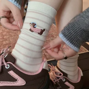 Women's Cotton Crew Socks Cute Dachshund Embroidery Fine Striped Casual Soft Knit Slouch Socks Spring Autumn Daily Footwear