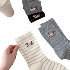 Women cute embroidered dachshund striped cotton mid-tube socks for casual daily wear.