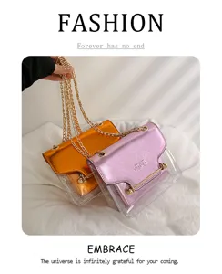 Detailed view of transparent metallic chain crossbody bag, featuring stylish contrast color.