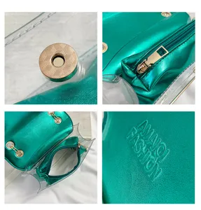 Clear crossbody bag detail view showing metallic green pouch, chain strap, and embossed logo.