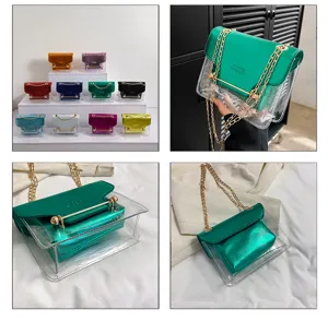 Clear PVC Crossbody Bag Trendy Metallic Chain Shoulder Bag Women Fashion Messenger Handbag 2023